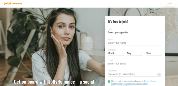 JollyRomance – home page con modulo di registrazione