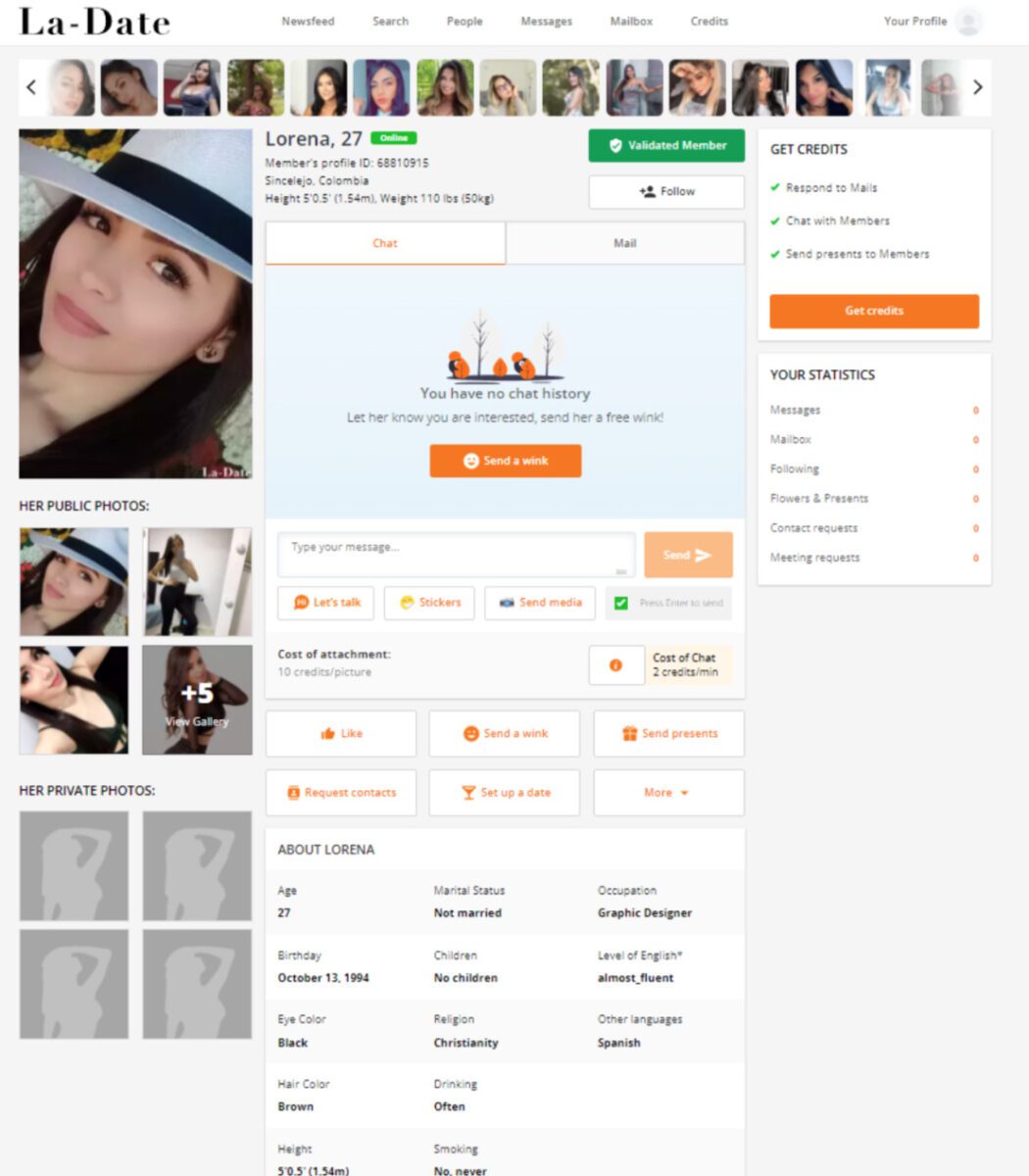 Un esempio di profilo femminile su LaDate.com oltre alle funzioni di comunicazione disponibili