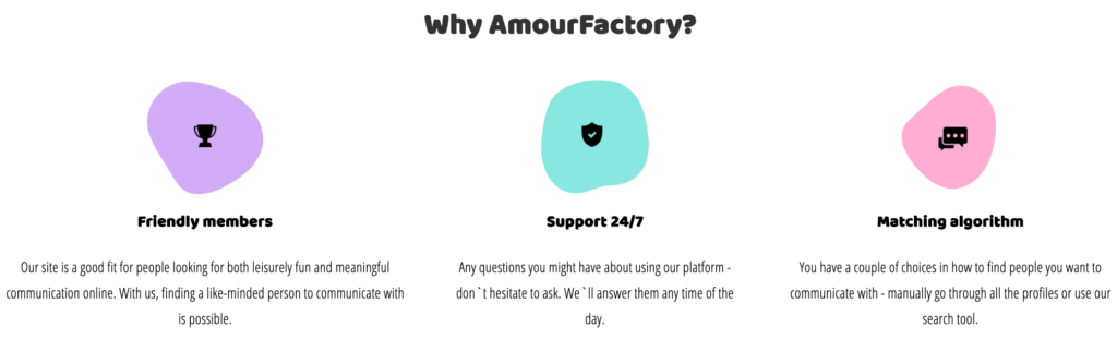 Fördelarna med AmourFactory .com, enligt själva webbplatsen