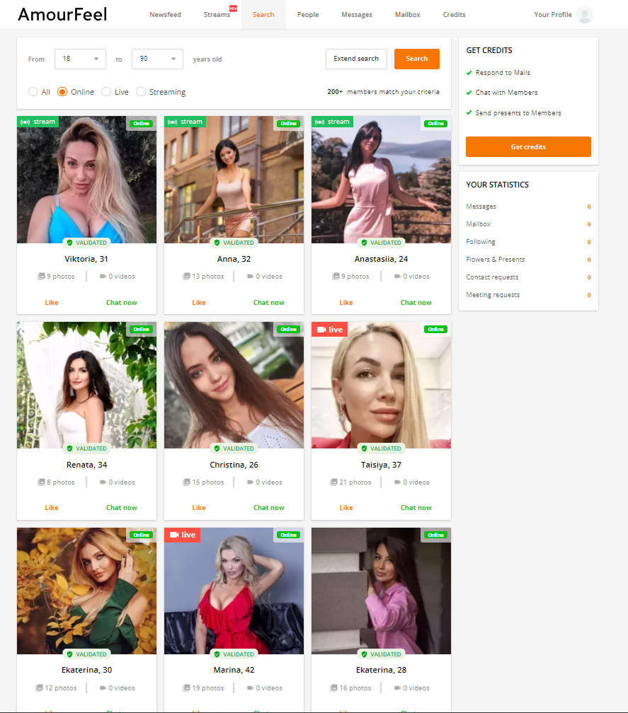 La página que muestra los resultados de su búsqueda, lo que le permite contactar a las mujeres de inmediato.