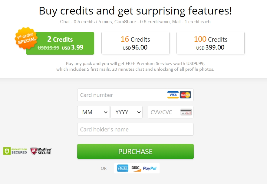 Platsen på webbplatsen när du kan köpa ett kreditpaket