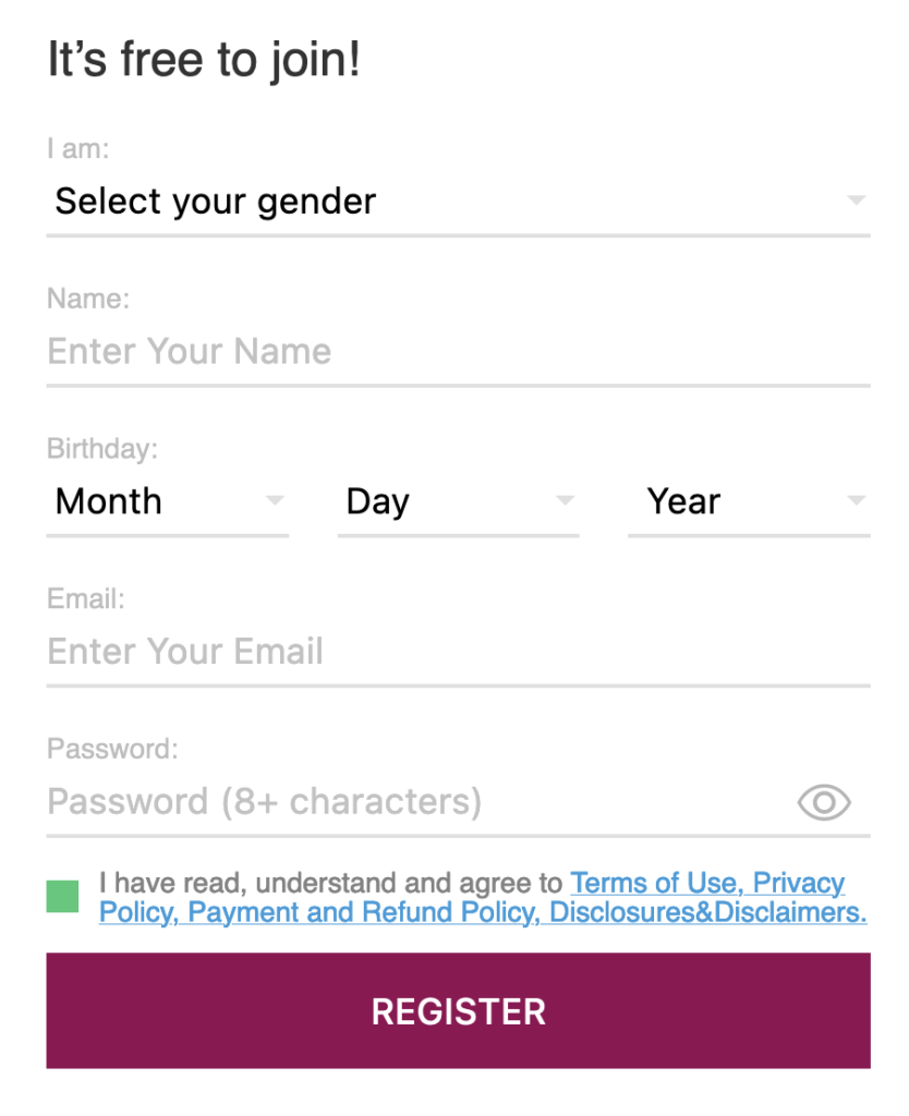 El formulario de registro muy rápido para registrarse en AsianMelodies .com